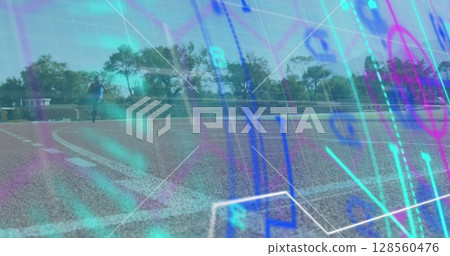 Image of digital data processing over disabled male athlete with running blades on racing track Image of digital data processing over disabled male athlete with running blades on racing track 128560476