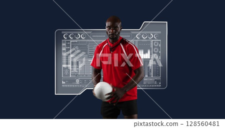 Image of scopes scanning and data processing with rugby player 128560481