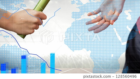 Statistical data processing over world map against hand passing a baton against sports field 128560496
