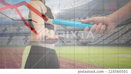 Red graphs moving over grid network against silhouette of hand passing a baton against sports field 128560501