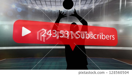 Play icon with increasing subscribers on silhouette of male volleyball player against sports stadium 128560504