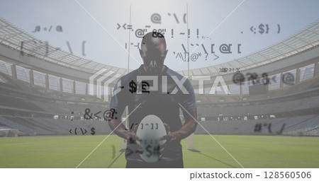 Multiple changing symbols against male rugby player holding a ball against sports stadium 128560506