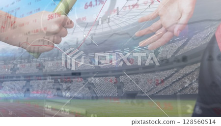 Stock market data processing against close up of hand passing a baton against sports field 128560514