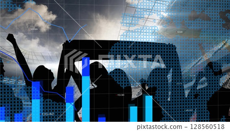 Statistical data processing against silhouette of fans cheering and sports stadium in background Statistical data processing against silhouette of fans cheering and sports stadium in background 128560518