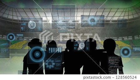 Digital interface with data processing against silhouette of fans cheering and sports stadium Digital interface with data processing against silhouette of fans cheering and sports stadium 128560524