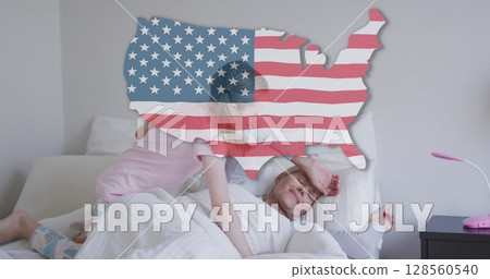 Independence text and american flag over us map against caucasian girl waking up her mom at home 128560540