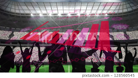 Coronavirus statistical data processing over silhouette of fans cheering against sports stadium 128560545