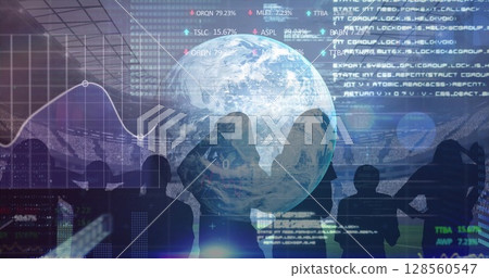 Stock market data processing over globe and silhouette of fans cheering against sports stadium 128560547