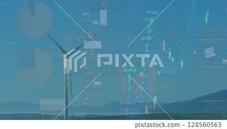 Image of financial data processing with wind turbine 128560563