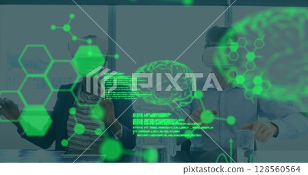 Image of human brain and medical data processing over people wearing vr headsets 128560564