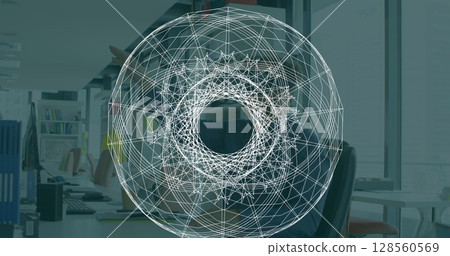 Image of scope scanning over businessman wearing vr headset 128560569