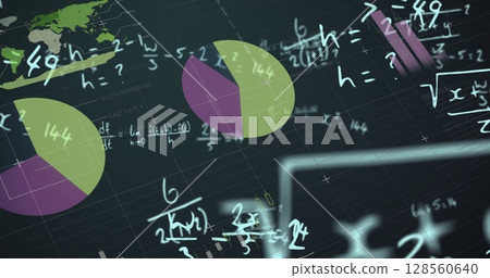 Image of stastistics over mathematical equations on green background Image of stastistics over mathematical equations on green background 128560640