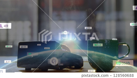 Image of social media icons over vr headset and coffee cup Image of social media icons over vr headset and coffee cup 128560688