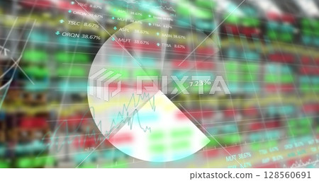 Statistical and stock market data processing over spinning globe against warehouse in background Statistical and stock market data processing over spinning globe against warehouse in background 128560691