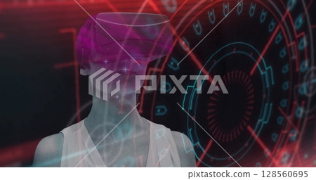 Image of scope scanning with glitch and woman using vr headset 128560695