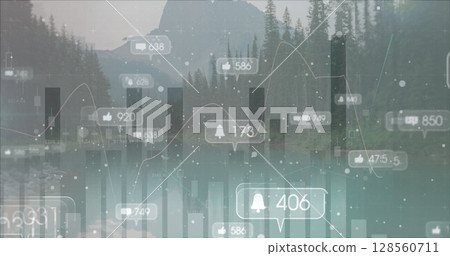 Image of social media icons over statistics and landscape 128560711