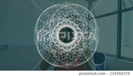 Image of scopes scanning over businesswoman wearing vr headset 128560729