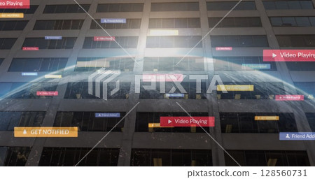 Image of social media icons over globe and modern building 128560731