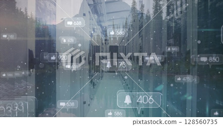 Image of social media icons over landscape and computer servers Image of social media icons over landscape and computer servers 128560735