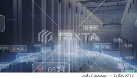 Image of social media icons over globe and computer servers Image of social media icons over globe and computer servers 128560738