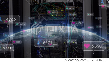 Image of social media icons over globe and computer server 128560739
