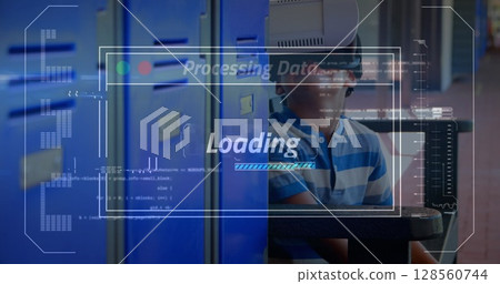 Image of data processing on screen over boy using vr headset 128560744