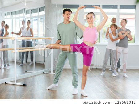Ballet training for teenagers in a ballet studio under the guidance of choreographer 128561015
