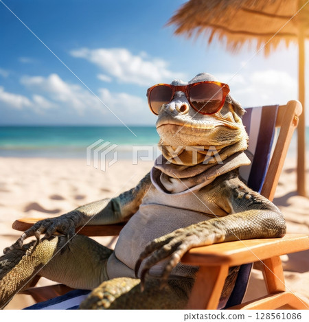 an AI Image Generator, Relaxed Lizard Enjoying Sunshine on Tropical Beach an AI Image Generator, Relaxed Lizard Enjoying Sunshine on Tropical Beach 128561086