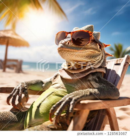an AI Image Generator, Relaxed Lizard Enjoying Sunshine on Tropical Beach an AI Image Generator, Relaxed Lizard Enjoying Sunshine on Tropical Beach 128561087