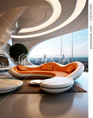 an AI Image Generator, Sleek Futuristic Living Room with Panoramic City Skyline and Contemporary Design 128561093