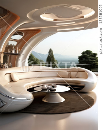 an AI Image Generator, Sleek Futuristic Living Room with Panoramic City Skyline and Contemporary Design 128561095
