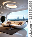 an AI Image Generator, Sleek Futuristic Living Room with Panoramic City Skyline and Contemporary Design 128561096