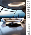 an AI Image Generator, Sleek Futuristic Living Room with Panoramic City Skyline and Contemporary Design 128561097