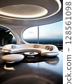 an AI Image Generator, Sleek Futuristic Living Room with Panoramic City Skyline and Contemporary Design 128561098