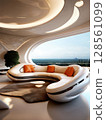 an AI Image Generator, Sleek Futuristic Living Room with Panoramic City Skyline and Contemporary Design 128561099