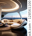 an AI Image Generator, Sleek Futuristic Living Room with Panoramic City Skyline and Contemporary Design 128561100