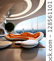 an AI Image Generator, Sleek Futuristic Living Room with Panoramic City Skyline and Contemporary Design 128561101