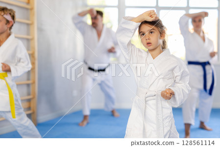 Family with children training karate techniques 128561114