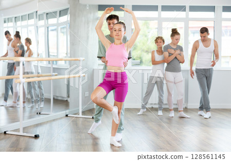 Ballet training for teenagers in a ballet studio under the guidance of choreographer Ballet training for teenagers in a ballet studio under the guidance of choreographer 128561145