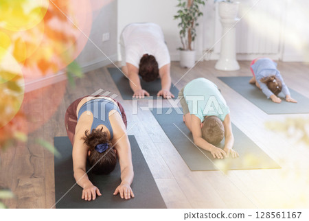 Family of four practicing yoga on mats at gym, concept of families exercising Family of four practicing yoga on mats at gym, concept of families exercising 128561167