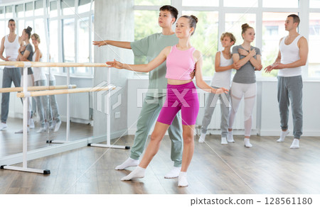 Teenage girl and boy practicing ballet positions in pair in dance studio 128561180