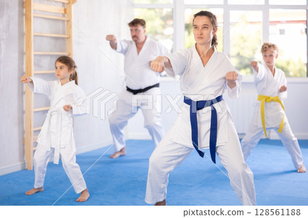 Family with children training karate techniques Family with children training karate techniques 128561188