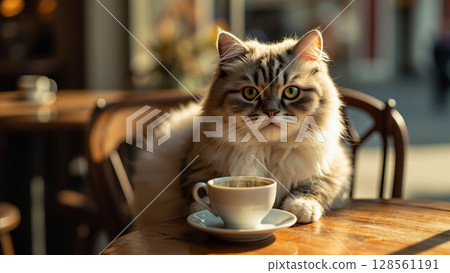 毛茸茸的貓在咖啡桌旁喝咖啡休息 毛茸茸的貓在咖啡桌旁喝咖啡休息 128561191