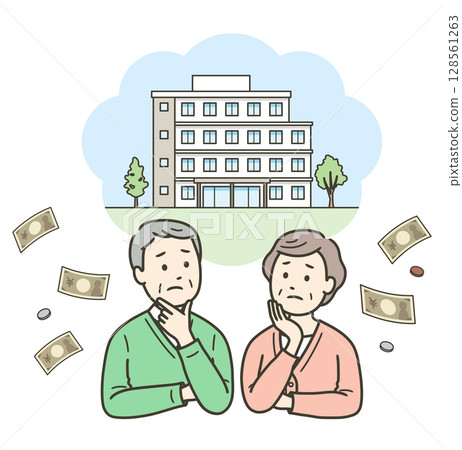 An elderly couple worried about the cost of moving into a nursing home or apartment An elderly couple worried about the cost of moving into a nursing home or apartment 128561263