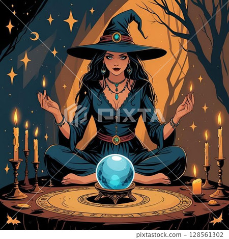 Illustration of a witch fortune telling with a crystal 128561302