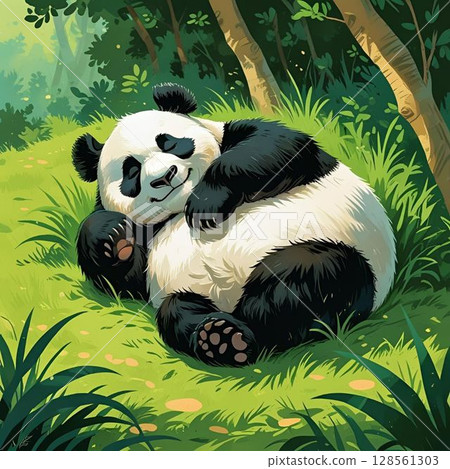 A fat panda taking a nap on the grassland 128561303