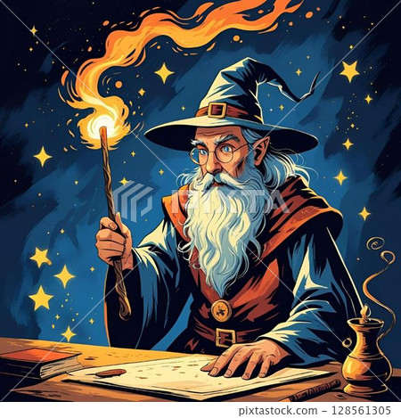 一位巫師在桌旁使用火魔法並閱讀魔法書 128561305