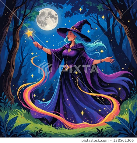 女巫在月夜用魔杖施法的插圖 128561306