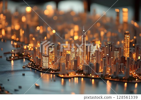 Miniature Cityscape Model with Golden Light Reflections on Water 128561339