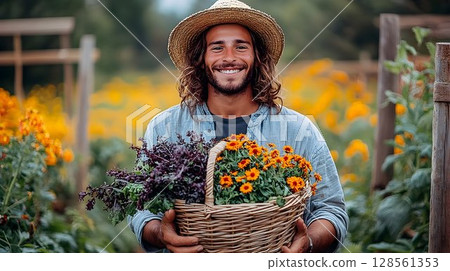 Smiling Gardener with Straw Hat Holding Basket of Orange Flowers 128561353